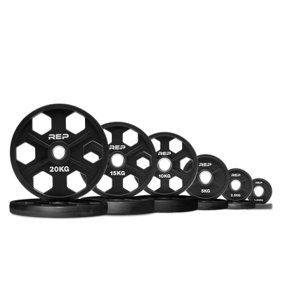 Rep Fitness UK black rubber Olympic weight plates set, ranging from 1.25kg to 20kg