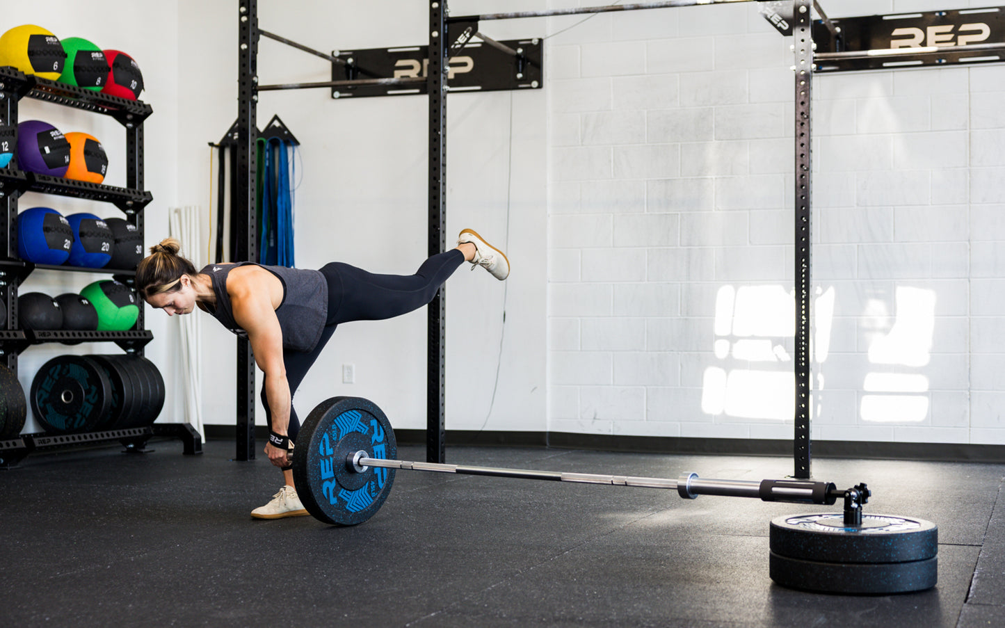 An athlete performing single leg RDLs with the Free Standing REP® x Kleva Built® Adroit Landmine from Rep Fitness UK | Shop Premium Gym Equipment for Home & Commercial Use Online | Best Online Gym Equipment UK