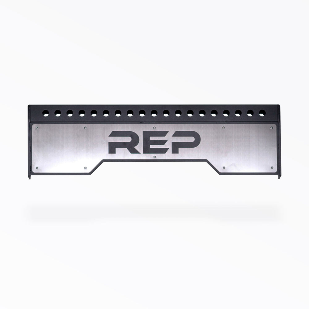 Logo Plate Crossmember 5000 Series heavy-duty gauge steel rack stabilizer with laser-cut holes, enhances rack stability and adds premium gym aesthetics from Rep Fitness UK | Shop Premium Gym Equipment for Home & Commercial Use, Best Online Gym Equipment UK