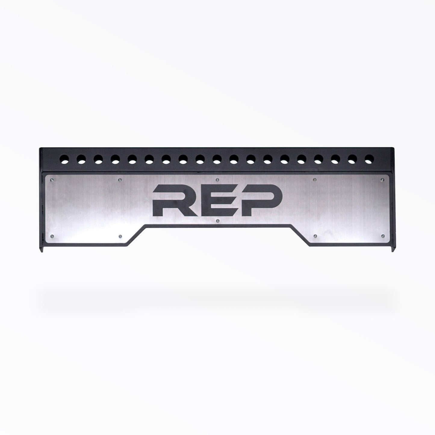 Logo Plate Crossmember 5000 Series heavy-duty gauge steel rack stabilizer with laser-cut holes, enhances rack stability and adds premium gym aesthetics from Rep Fitness UK | Shop Premium Gym Equipment for Home & Commercial Use, Best Online Gym Equipment UK