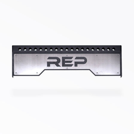 Logo Plate Crossmember 5000 Series heavy-duty gauge steel rack stabilizer with laser-cut holes, enhances rack stability and adds premium gym aesthetics from Rep Fitness UK | Shop Premium Gym Equipment for Home & Commercial Use, Best Online Gym Equipment UK