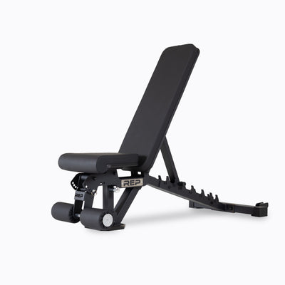 REP Fitness AB-3000 2.0 adjustable bench showing flat, incline, and decline angles with ladder-style back adjustment from Rep Fitness UK | Shop Best Premium Gym Equipment for Home & Commercial Use Online