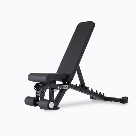REP Fitness AB-3000 2.0 adjustable bench showing flat, incline, and decline angles with ladder-style back adjustment from Rep Fitness UK | Shop Best Premium Gym Equipment for Home & Commercial Use Online