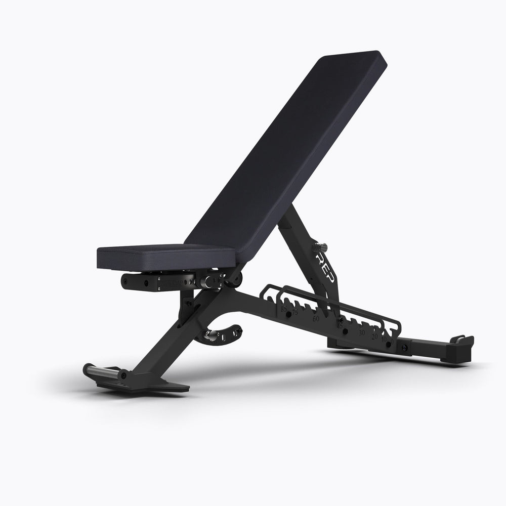 Matte Black BlackWing bench premium flat-incline-decline weight bench built from 11-gauge steel with patented ZeroGap® technology, 12 back angles, 6 seat positions, IPF-standard height, and optional leg roller compatibility for ultimate strength, comfort, and versatility in home or commercial gyms from Rep Fitness UK | Shop Premium Gym Equipment for Home & Commercial Use, Best Online Gym Equipment UK