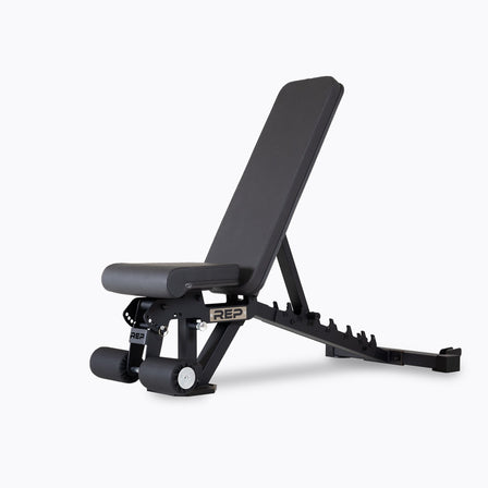 REP AB-3000 2.0 adjustable FID weight bench with flat, incline, and decline positions, upgraded CleanGrip pads, leg rollers, ladder adjustment, and 1,000 lb weight capacity from Rep Fitness UK | Shop Best Premium Gym Equipment for Home & Commercial Use Online