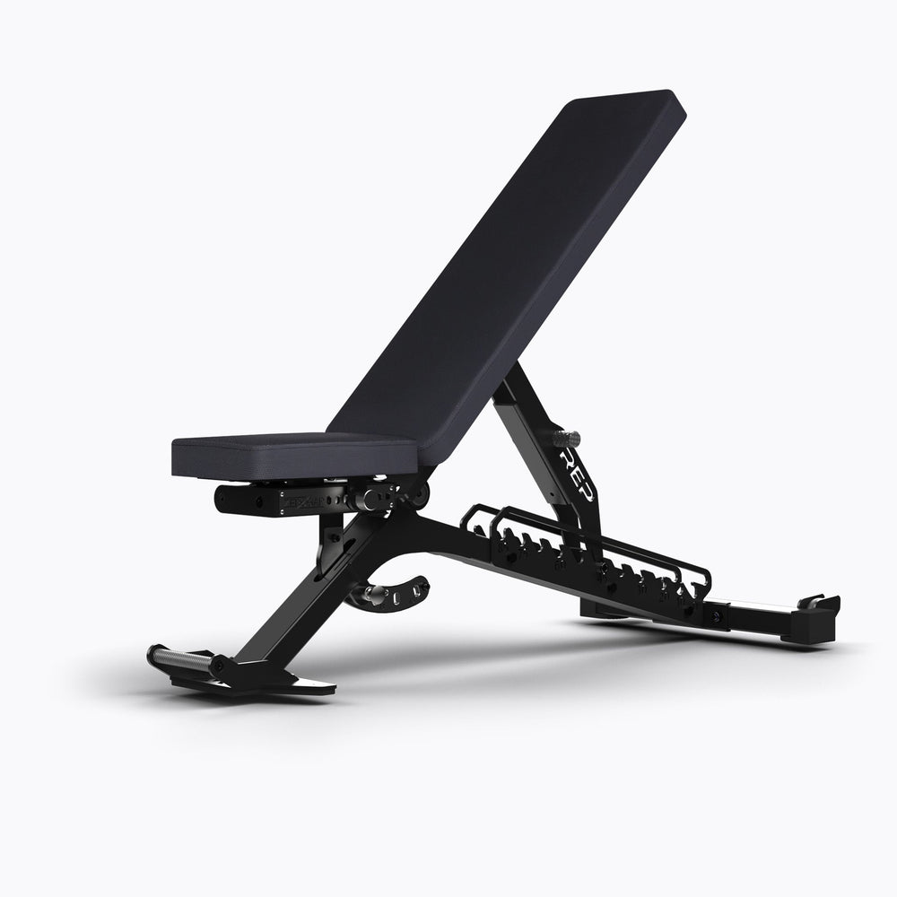 Metallic Black BlackWing bench, premium flat-incline-decline weight bench built from 11-gauge steel with patented ZeroGap® technology, 12 back angles, 6 seat positions, IPF-standard height, and optional leg roller compatibility for ultimate strength, comfort, and versatility in home or commercial gyms from Rep Fitness UK | Shop Premium Gym Equipment for Home & Commercial Use, Best Online Gym Equipment UK