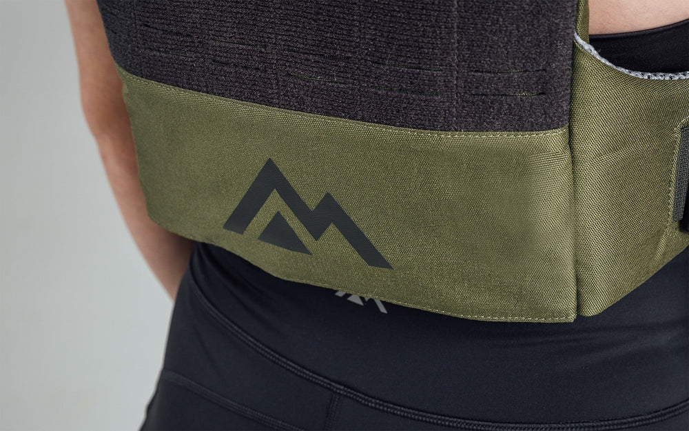 Mountain logo on the back bottom of the Strata Weight Vest, adjustable fit, padded ergonomic design, durable 750D Cordura®, secure plate compartments, and versatile use for strength, HIIT, and functional fitness from Rep Fitness UK | Shop Premium Gym Equipment for Home & Commercial Use, Best Online Gym Equipment UK