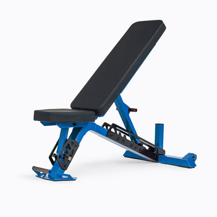 Nighthawk Bench Blue Metal Finish Adjustable Weight Bench – compact, high-performance bench for home and light-commercial gyms; 7- and 14-gauge steel frame, 7 back and 4 seat positions, CleanGrip™ vinyl pad, knurled handle, heavy-duty wheels, IPF-compliant 16.7” height, vertical storage, and compatibility with leg curl and roller attachments from Rep Fitness UK | Shop Premium Gym Equipment for Home & Commercial Use Online