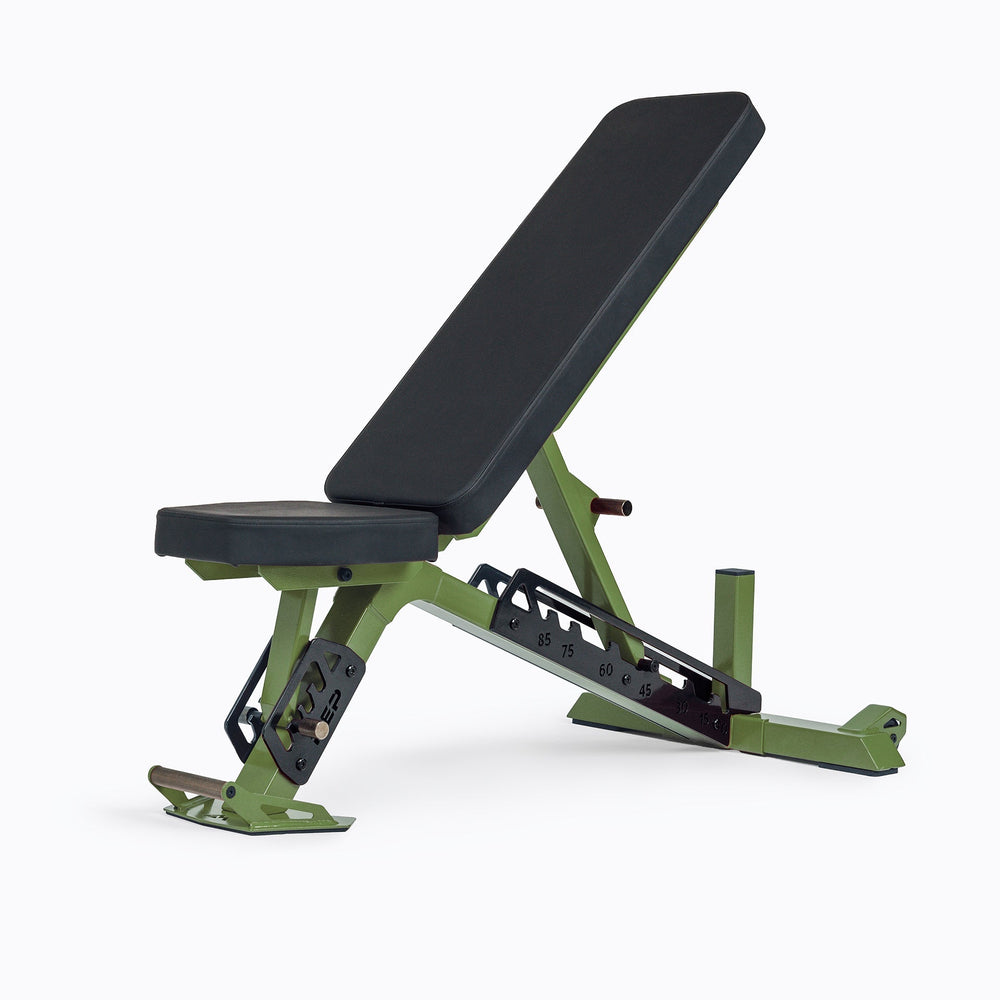 Nighthawk Bench Green Army Camo Metal Finish Adjustable Weight Bench – compact, high-performance bench for home and light-commercial gyms; 7- and 14-gauge steel frame, 7 back and 4 seat positions, CleanGrip™ vinyl pad, knurled handle, heavy-duty wheels, IPF-compliant 16.7” height, vertical storage, and compatibility with leg curl and roller attachments from Rep Fitness UK | Shop Premium Gym Equipment for Home & Commercial Use Online