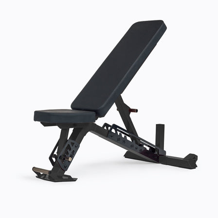 Nighthawk Bench Matte Black Adjustable Weight Bench – compact, high-performance bench for home and light-commercial gyms; 7- and 14-gauge steel frame, 7 back and 4 seat positions, CleanGrip™ vinyl pad, knurled handle, heavy-duty wheels, IPF-compliant 16.7” height, vertical storage, and compatibility with leg curl and roller attachments from Rep Fitness UK | Shop Best Premium Gym Equipment for Home & Commercial Use Online