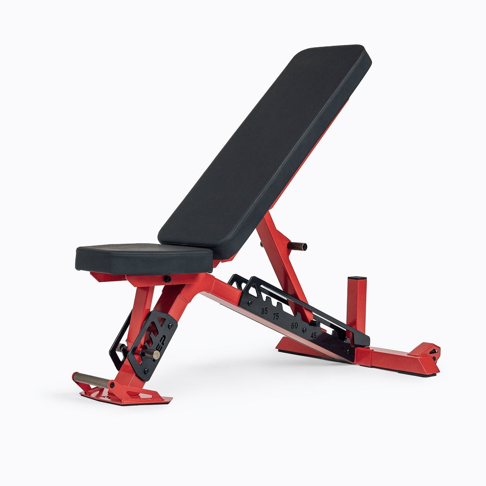 Nighthawk Bench Red Metal Finish Adjustable Weight Bench – compact, high-performance bench for home and light-commercial gyms; 7- and 14-gauge steel frame, 7 back and 4 seat positions, CleanGrip™ vinyl pad, knurled handle, heavy-duty wheels, IPF-compliant 16.7” height, vertical storage, and compatibility with leg curl and roller attachments from Rep Fitness UK | Shop Premium Gym Equipment for Home & Commercial Use Online