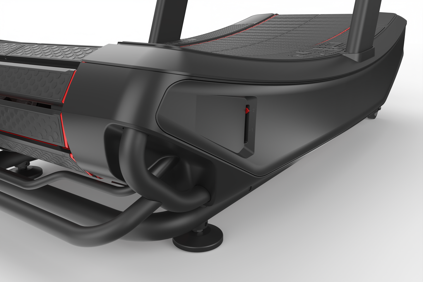 Rear view of REP® Strive Series Curved Treadmill with handles under the belt to make it easier to move around.