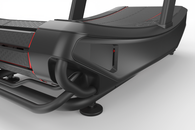 Rear view of REP® Strive Series Curved Treadmill with handles under the belt to make it easier to move around.