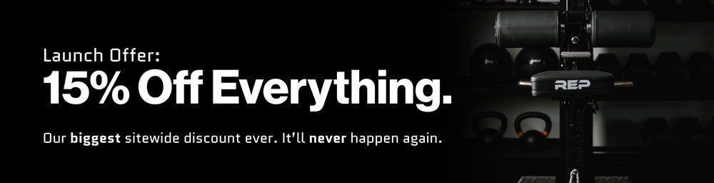 REP Fitness UK Black and white promotional banner with '15% Off Everything' offer, best gym, strength and conditioning equipment online UK