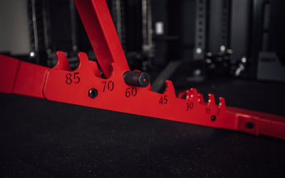 Close-up of REP AB-3000 2.0 adjustable FID bench ladder-style back adjustment with laser-cut incline angle markings from Rep Fitness UK | Shop Best Premium Gym Equipment for Home & Commercial Use Online