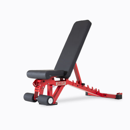 REP AB-3000 2.0 adjustable gym bench with eight back pad angles, five seat angles, decline leg rollers, and wide rear base for stability from Rep Fitness UK | Shop Best Premium Gym Equipment for Home & Commercial Use Online