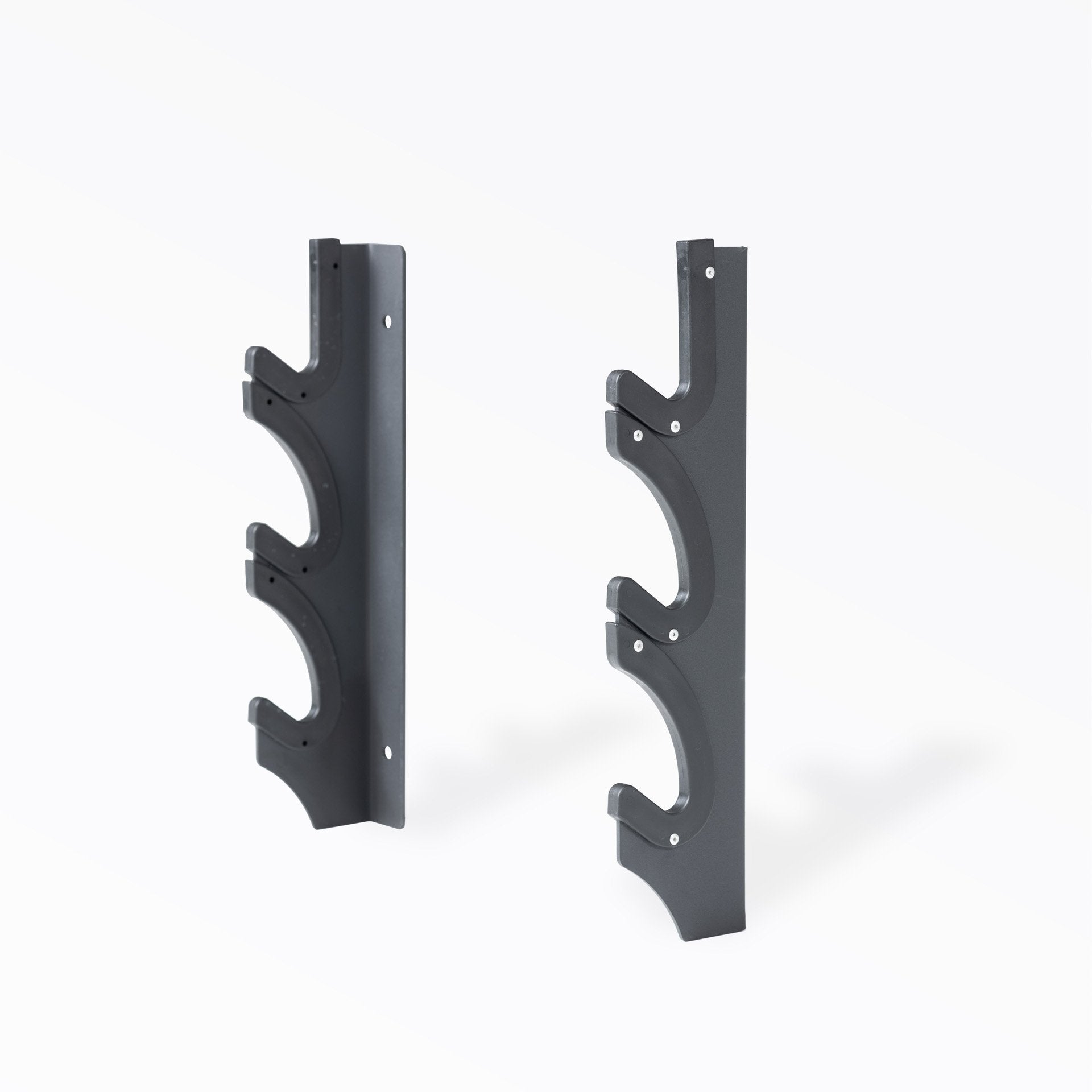 Pair of black steel wall-mounted barbell storage holders with three-tier hooks - Rep Fitness UK