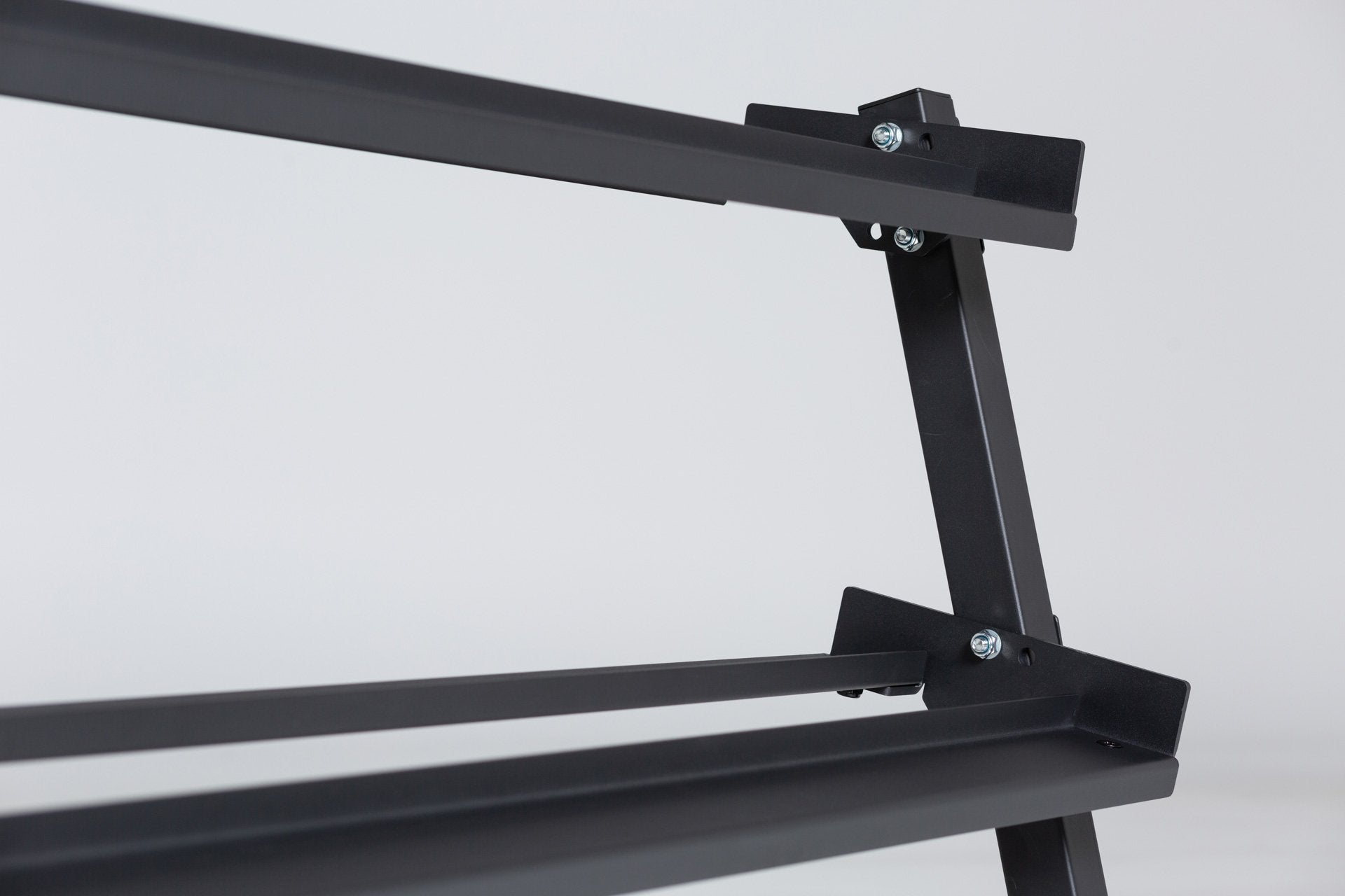 Close-up angled view of the right side of the top and middle shelf and the side support post of the REP Dumbbell Rack | REP Fitness UK best online gym home and commercial shop racks now