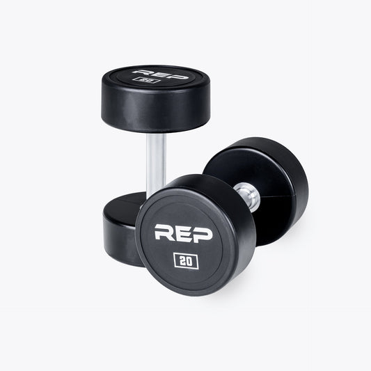 REP Urethane Dumbbells - premium solid steel dumbbells with ultra-durable polyurethane coating, knurled handles for secure grip, welded round heads, and clear weight markings; available in pairs or sets from 2.5kg to 60kg for long-lasting, high-volume gym use from Rep Fitness UK | Shop Premium Gym Equipment for Home & Commercial Use, Best Online Gym Equipment UK