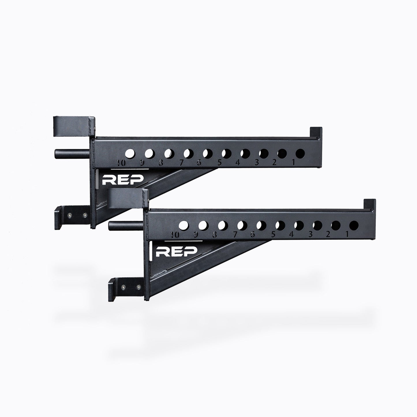 Spotter Arms heavy-duty 24” steel safety arms for power racks; 1,000 lb capacity with polyurethane lining, steel lip for bar security, 1” attachment holes, laser-engraved numbers, and durable matte black powder coat finish from Rep Fitness UK | Shop Premium Gym Equipment for Home & Commercial Use, Best Online Gym Equipment UK