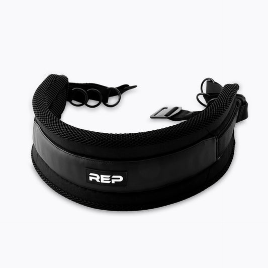 Black weightlifting belt squat belt with 'REP' branding on a white background from Rep Fitness UK | Shop Best Premium Gym Equipment for Home & Commercial Use Online