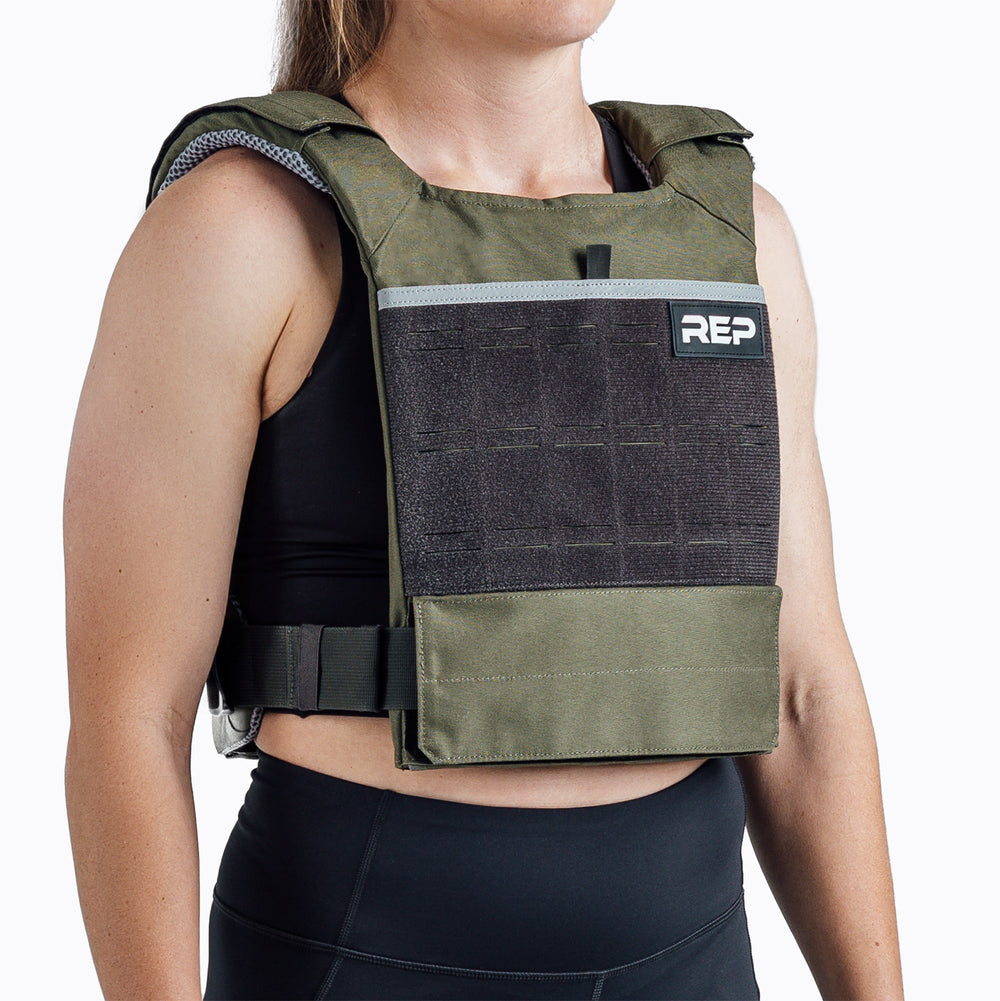 Strata Weight Vest in Olive, adjustable fit, padded ergonomic design, durable 750D Cordura®, secure plate compartments, and versatile use for strength, HIIT, and functional fitness from Rep Fitness UK | Shop Premium Gym Equipment for Home & Commercial Use, Best Online Gym Equipment UK