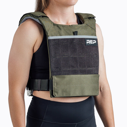 Strata Weight Vest in Olive, adjustable fit, padded ergonomic design, durable 750D Cordura®, secure plate compartments, and versatile use for strength, HIIT, and functional fitness from Rep Fitness UK | Shop Premium Gym Equipment for Home & Commercial Use, Best Online Gym Equipment UK