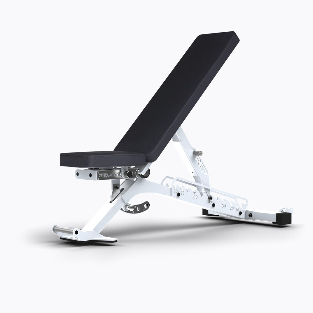 White BlackWing bench, premium flat-incline-decline weight bench built from 11-gauge steel with patented ZeroGap® technology, 12 back angles, 6 seat positions, IPF-standard height, and optional leg roller compatibility for ultimate strength, comfort, and versatility in home or commercial gyms from Rep Fitness UK | Shop Premium Gym Equipment for Home & Commercial Use, Best Online Gym Equipment UK