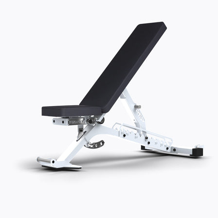 White BlackWing bench, premium flat-incline-decline weight bench built from 11-gauge steel with patented ZeroGap® technology, 12 back angles, 6 seat positions, IPF-standard height, and optional leg roller compatibility for ultimate strength, comfort, and versatility in home or commercial gyms from Rep Fitness UK | Shop Premium Gym Equipment for Home & Commercial Use, Best Online Gym Equipment UK