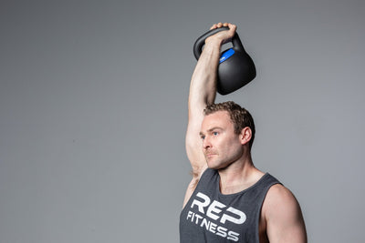 man Exercising with the adjustable kettlebell from Rep Fitness UK, quick weight adjustment, non-slip matte powder coat, rubber base, and versatile for home gyms| Shop Premium Gym Equipment for Home & Commercial Use, Best Online Gym Equipment UK